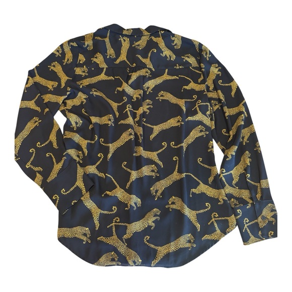Vtg Black Leopard Print Blouse | Gold Jaguar Print | Button V-Neck Top | Large - Picture 6 of 13